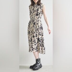 LOUNIE Japan Abstract Print Midi Dress - Size 36 (US S) - Tie Waist & Pockets